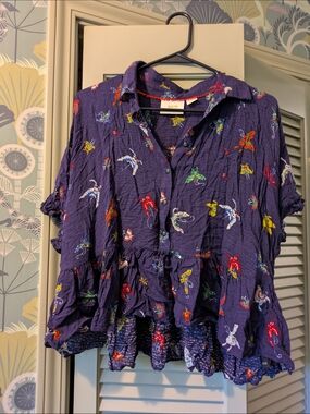 Anthropologie Indigo Button-Front Blouse with Colorful Butterfly Print